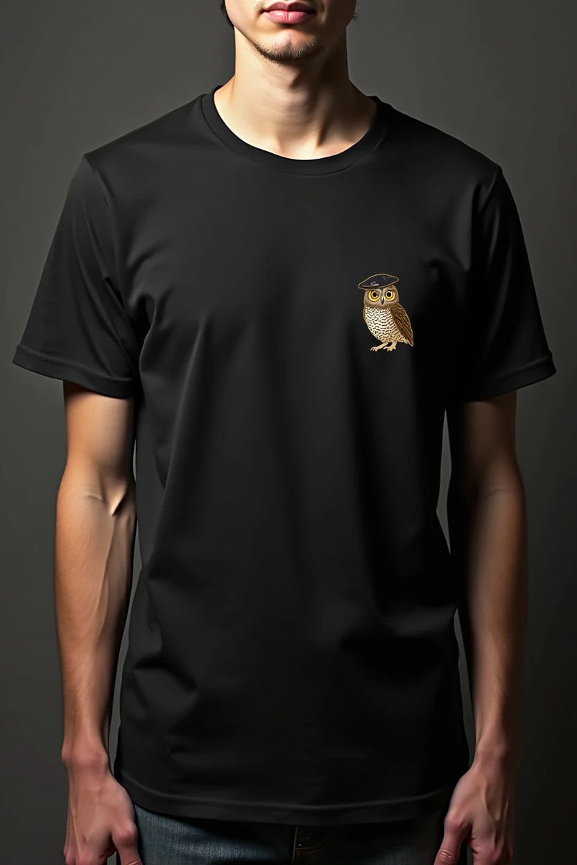 unisex black shirt, with the symbol on the front very small on the left side of an owl wearing a military beret