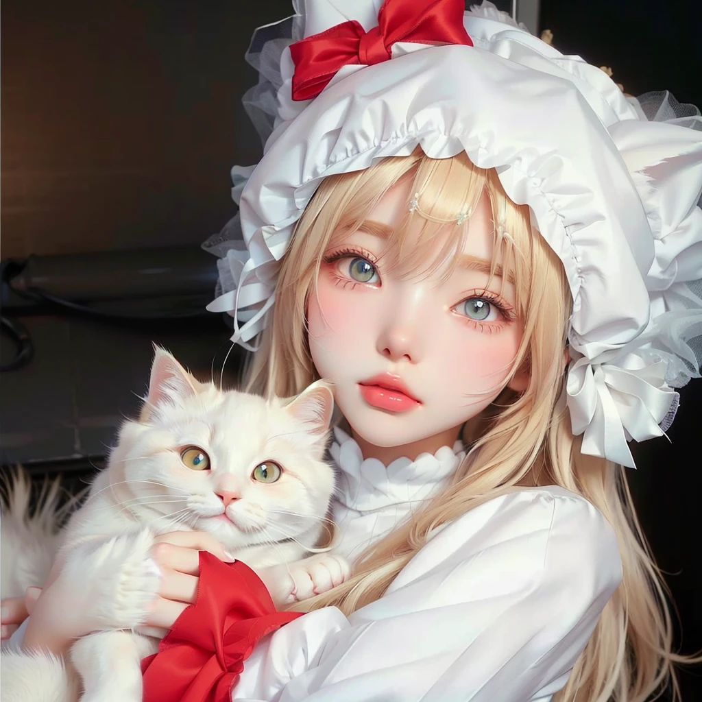 blond haired girl in a white hat holding a white cat, very beautiful cute catgirl, white cat girl, anime girl with cat ears, beautiful anime catgirl, very beautiful anime cat girl, belle delphine, cute anime catgirl, smol fluffy cat wearing smol hat, white ( cat ) girl, ulzzang, attractive cat girl, anime girl in real life, big lips, beautiful eyes