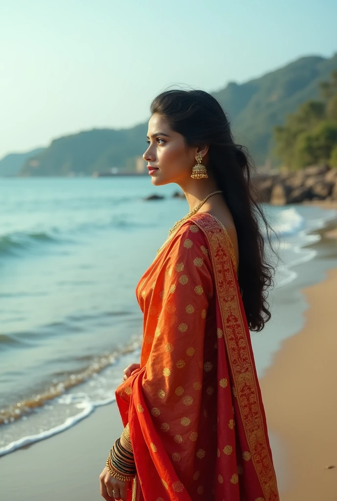 Make a beautiful photo of a girl wearing a sari sitting on the sea shore and looking at me