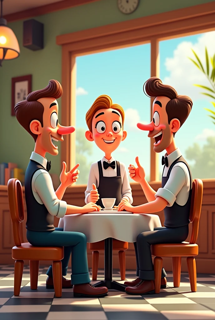 Cartoon. 2 restaurant waiter parley with manager
