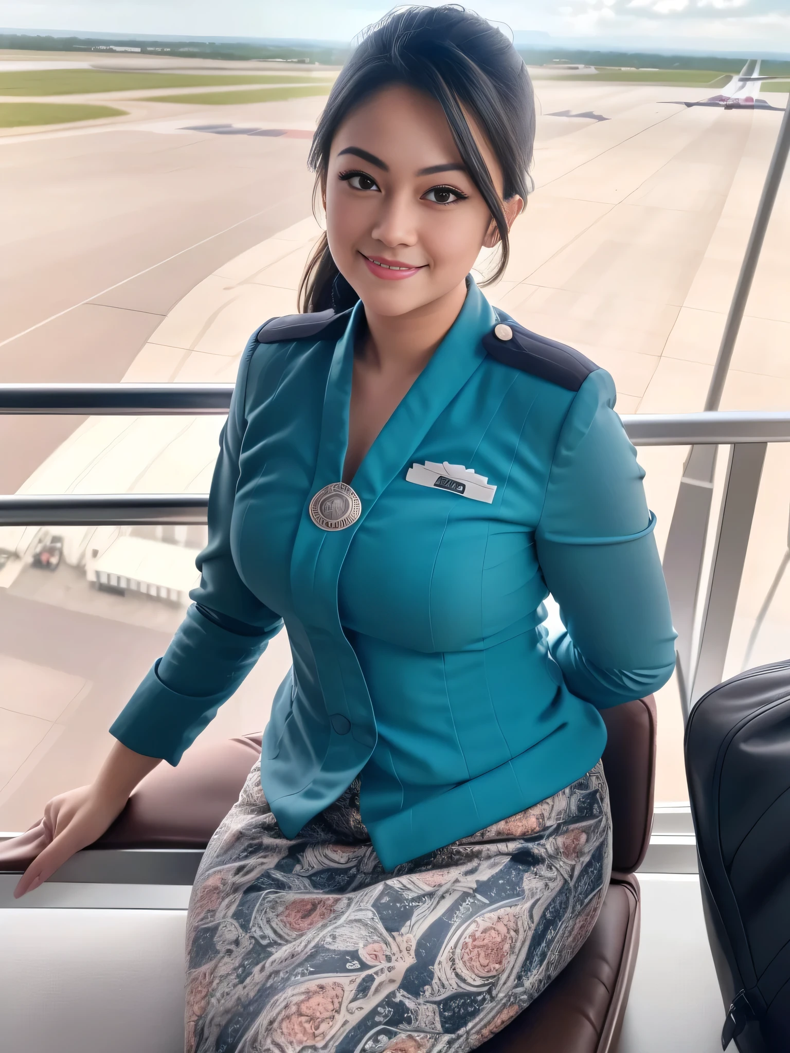 1girl, solo, 19 years old, (uniform), detailed airport scenery at the background, seductive pose, thick medium breasts, fit body, smooth realistic skin, cute little smirk, looking at the audience, high angle shot, (overhead shot:1.4), (zoom-out:1.3), (8k, RAW photo, best quality, masterpiece: 1.4), (realistic, realistic: 1.37), ultra-high resolution, cowboy shot