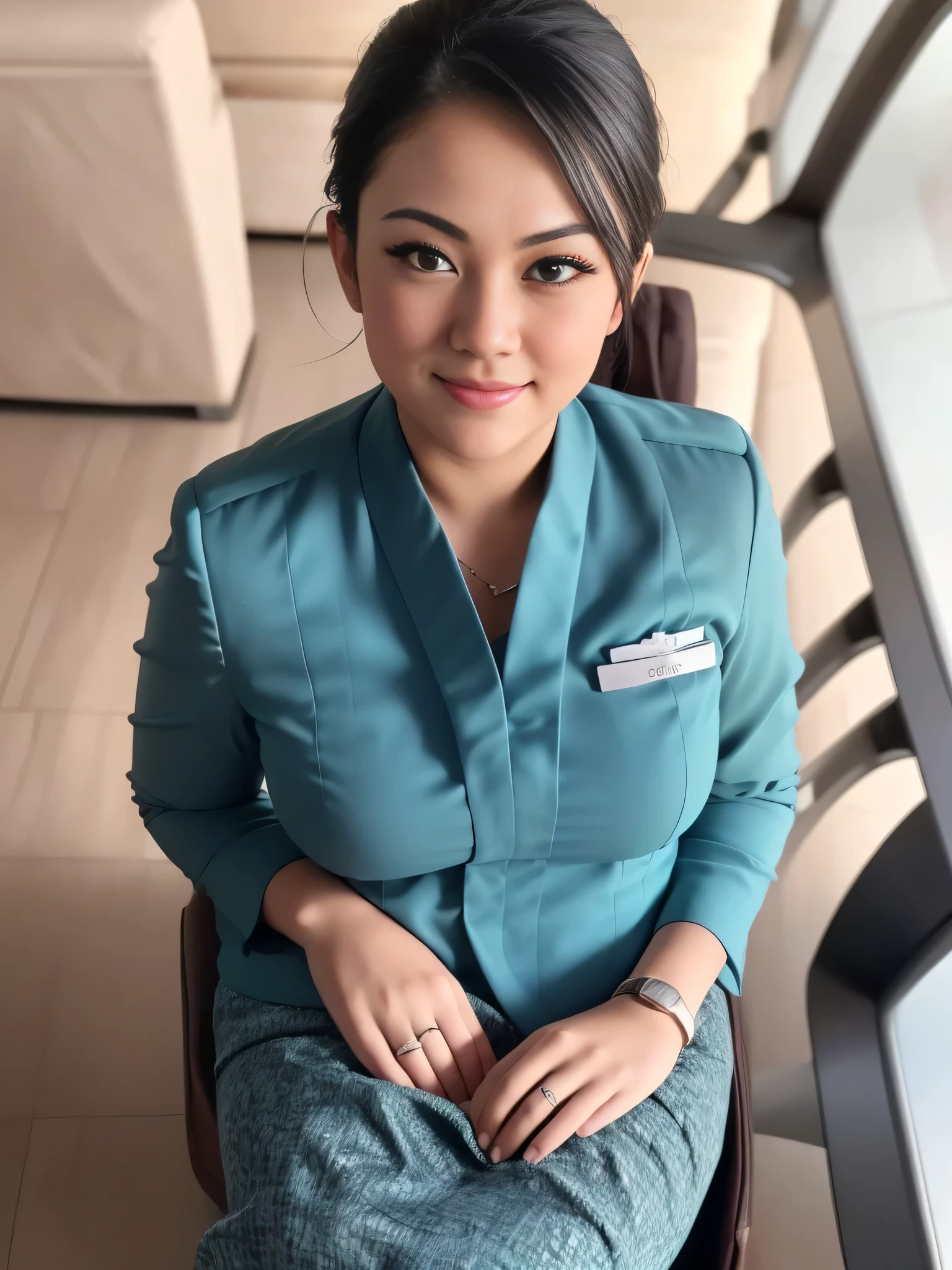 1girl, solo, 19 years old, (uniform), detailed airport scenery at the background, seductive pose, thick medium breasts, fit body, smooth realistic skin, cute little smirk, looking at the audience, high angle shot, (overhead shot:1.4), (zoom-out:1.3), (8k, RAW photo, best quality, masterpiece: 1.4), (realistic, realistic: 1.37), ultra-high resolution, cowboy shot