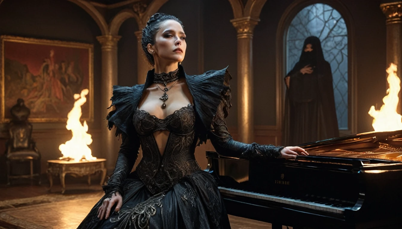 // A scene inspired by Dune: A single Nightshade Sister, dressed in tattered and torn clothing that resembles a mix of a bikini and shredded gown, is chained by her neck as she plays a grand piano in a grand, decadent chamber filled with luxurious yet sinister decor. The sister, bound and treated as a slave, performs a haunting melody while surrounded by Harkonnen men and women, all pale and dressed in dark, extravagant attire. The atmosphere is thick with eerie fascination and cruel delight, as the Harkonnen audience watches her intently. The lighting is dim, with deep shadows and flickering flames casting an ominous glow over the scene, highlighting the stark contrast between the sister's suffering and the dark, decadent surroundings.