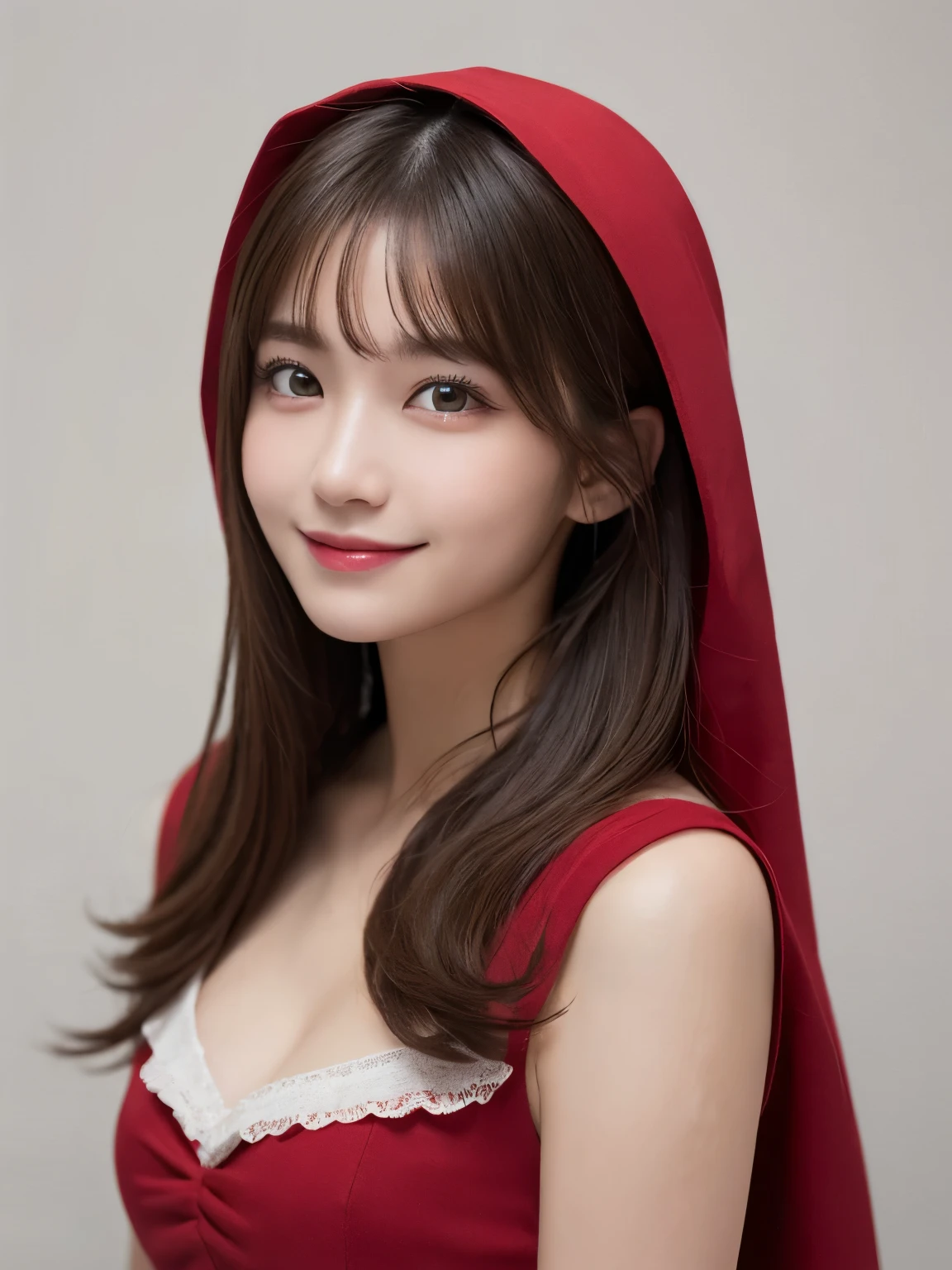 white background, half body portrait, bust shot, looks happy, smile, one girl, (a beauty girl, delicate girl:1.3), (20 years old:1.3), break, (Little Red Riding Hood), break, very fine eyes, (symmetrical eyes:1.3), break, C cup breasts, brown eyes, parted bangs, brown hair, (smile), break, (eyes and faces with detailed:1.0), break, (masterpiece, best quality, ultra detailed, detailed face, 8k)
