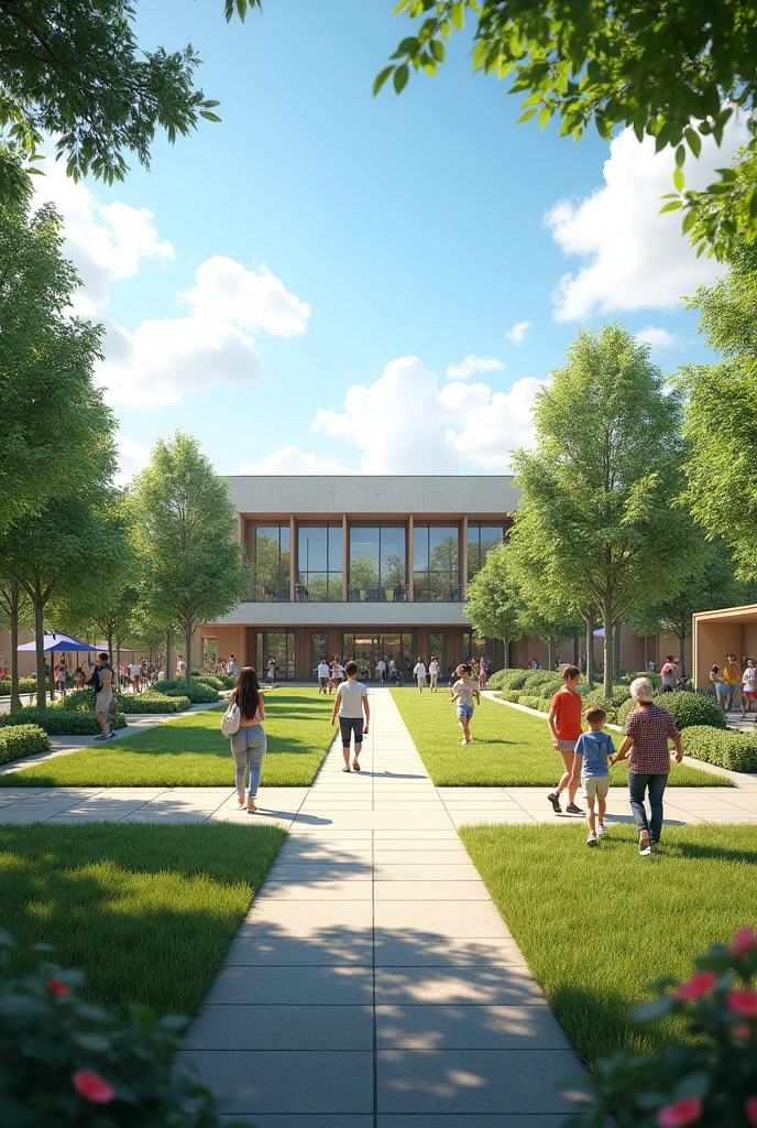 Healthy community with front view, 2 point perspective, a park, and a hall
