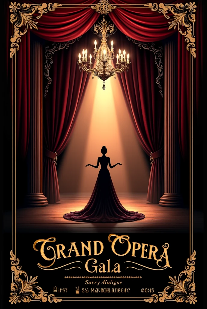 A striking and dramatic poster for the "Grand Opera Gala" in Martinborough. The design features a dark, moody background with a deep crimson and black color scheme, highlighted by golden accents. In the center, a grand chandelier casts a soft glow over a lavish opera stage, where a silhouetted figure in an elegant gown sings passionately. Ornate flourishes and musical notes frame the scene, with intricate typography detailing the event's name, date, and location. Baroque elegance, theatrical lighting, rich textures, grandeur --ar 16:9



