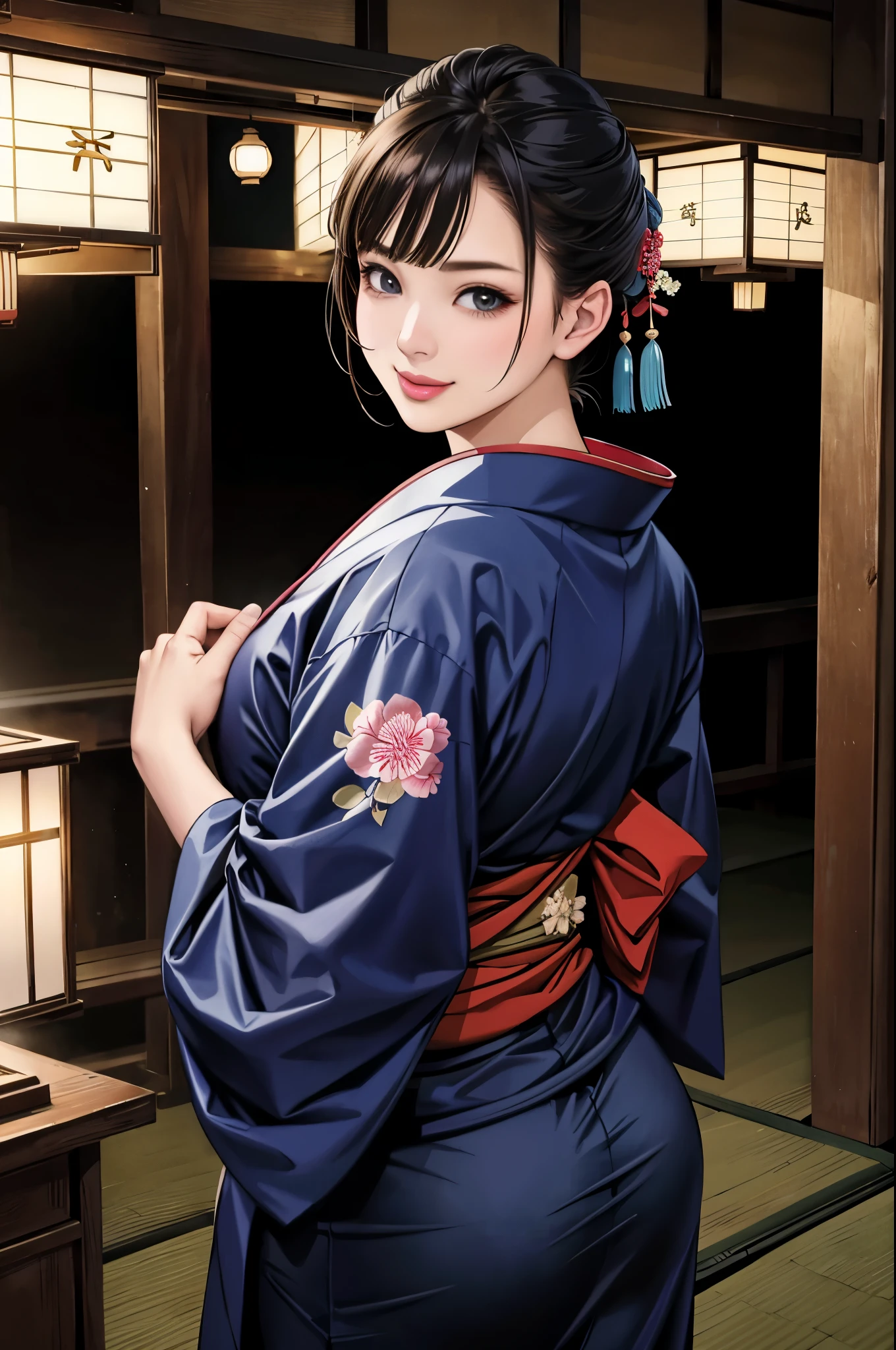 (Browsing Caution), (RAW Photos), (Realistic), (Photorealistic), Ultra-high resolution, masterpiece, Highest quality, Portraiture, facial Portraiture, Perfect lighting, Detailed lighting, Dramatic Shadows, Ray Tracing, Pure Eros Face_v1, Urzan-6500-v1.1, ((gentle smile)), ((cowboy shot:1.2)), ((looking back)), ((wearing a kimono)), ((in old Japanese room)), ((night)),