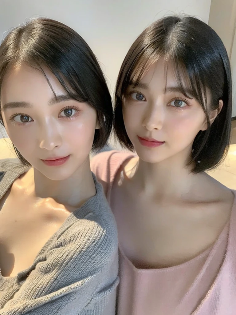 (masterpiece:1.3), (8k, Photoreal, Raw photo, best image quality: 1.4), Japanese high school girl、(random hairstyle:1.2)、cleavage:1.5、super detail face、eye for details、double eyelid、chest to chest、sharp focus:1.2、Beautiful woman:1.4、light brown hair、highest quality、masterpiece、超A high resolution、(Photoreal:1.4)、Highly detailed and professionally lit smiles、loose and light knitwear、shoulder out、thin、serious expression、short haired、deadly position
similar identical twins
All the girls have the exact same face, The two have the same face and figure, as if they were mirror images.