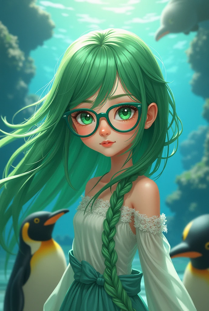 One girl, Shine, wallpaper, greenい髪, Long Hair, greenい瞳, Long Hair, penguin, green, Glasses, water族館, water, 