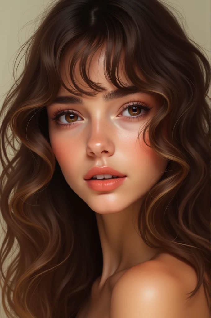 woman Hair long enough to reach the shoulders Curly hair ends Hair color is olive brown With bangs
