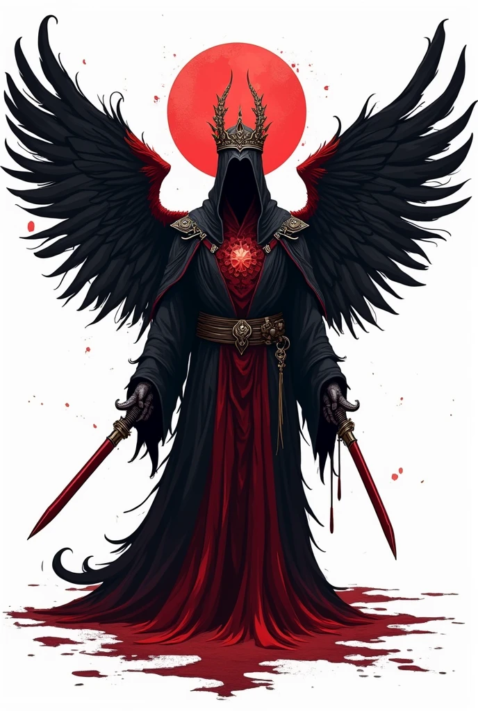 Vector art design for sticker of: The king of angmar from lord of the rings, flying Reaper, scyscraper, the great crown of the king of the dark abyss, bloody red Taoist robes, white background