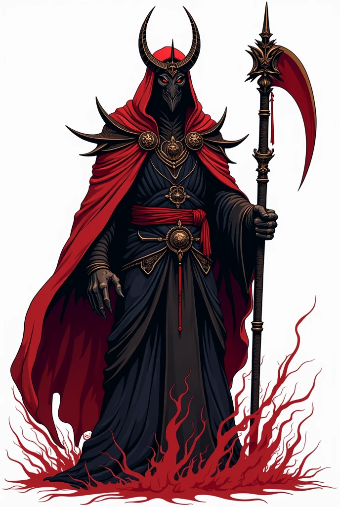 Vector art design for sticker of: The king of angmar from lord of the rings, flying Reaper, scyscraper, the great crown of the king of the dark abyss, bloody red Taoist robes, white background
