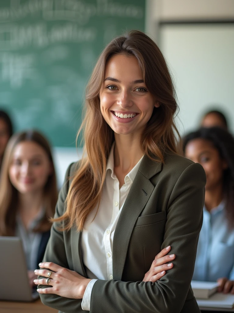 English conversation teacher, beautiful woman, around 25 years, smile, friendry, in the school