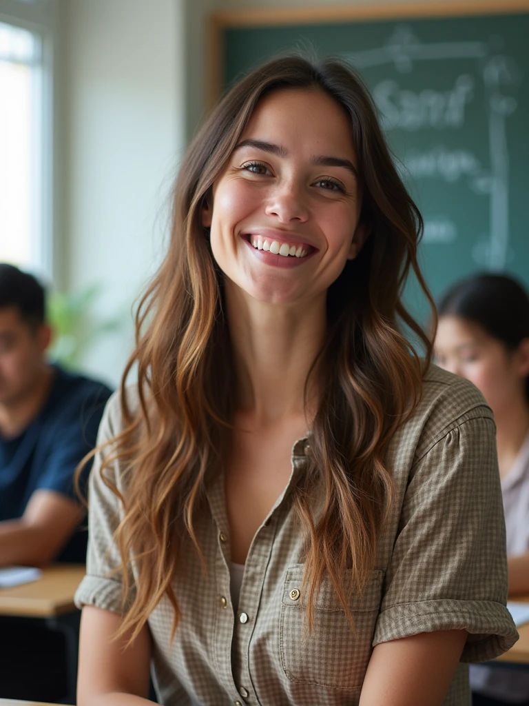 English conversation teacher, beautiful woman, around 25 years, smile, friendry, in the school 