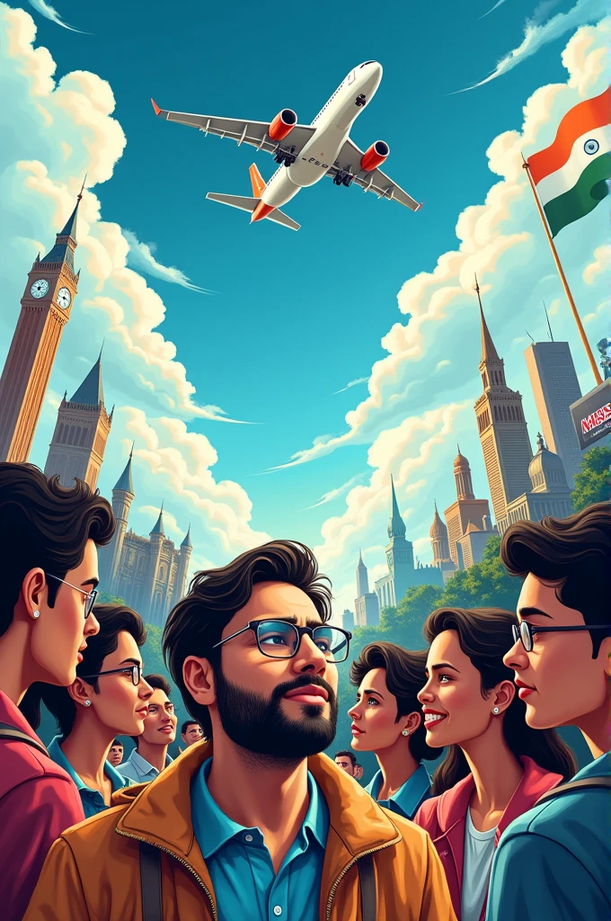 For a thumbnail depicting Indian youth aiming to move abroad, you could design it with the following elements: Background: A split imageshowing iconic landmarks from Canada, USA, UK, Germany, etc., on one side, and a bustling Indian cityscape on the other. Foreground: Illustrate a group of young Indian professionals or students, depicted with a mix of excitement and determination, looking towards the landmarks of the foreign countries. Visual Elements: Add visual cues like a plane or arrows indicating the move from the Indian cityscape to the international landmarks. You could also include symbols of the foreign countries like flags or notable buildings. Text: Include bold, eye-catching text such as "Indians Madness 'right or wrong' " Add a smaller subtitle with a humorous or critical remark, correct spelling of text is must Narrator: Incorporate a realish or caricatured Indian narrator in the large space of the thumbnail, showing an exaggerated expression of disbelief or amusement, total focus on Narrator This design should effectively convey the theme of ambition and the narrator’s critical view on the decision to move abroad. In correct spelled word With higher attractive graphics, illustrationLess