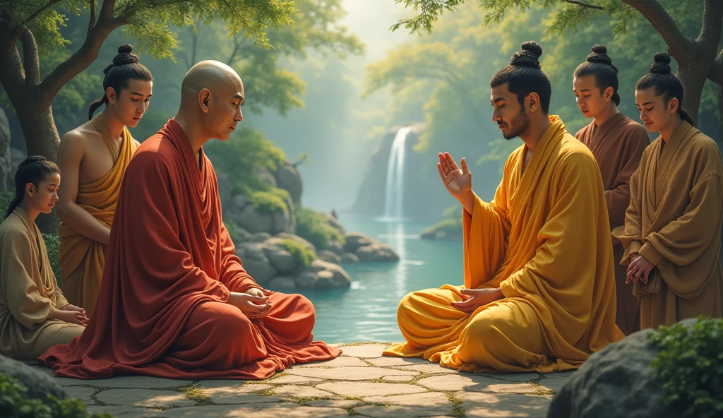 **A disciple worrier asks if Buddha is unwell** – A disciple worrier inquiring about Buddha’s health, with other disciples listening attentively.