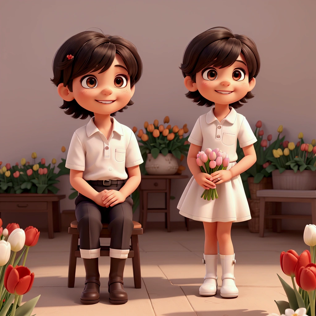 a cute, tiny, angelic boy with black medium-length bob haircut, brown eyes, wearing a white shirt, white socks, red boots, smiling excitedly, sitting and holding a beautiful bouquet of tulips, in a field of tulips, cartoon style, cinematic, dynamic shot, dawn, gentle breeze, (tulips score 9) (children's clothing score 9) (score 9 for dynamic shot)