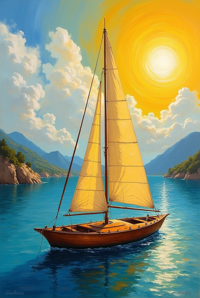 landscape oil painting wooden sailing catamaran greece italy
sun yellow bright