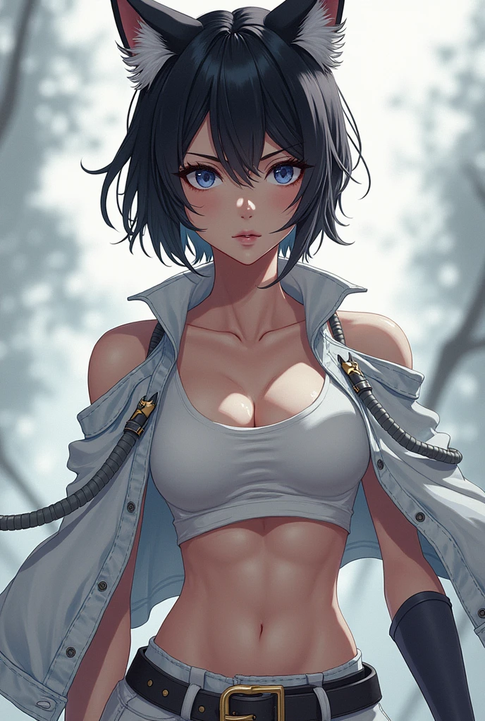 realistic, 1girl, full body, black short hair, glowing eyes,thin shirt with only one button, mini skirt jeans unbuttoned, under , both hands tied into a hair, parted lips, big breast, blush, stand, moonlight, hyper-detailed, high quality, 8k, photorealistic, professional digital painting, dramatic lighting, vibrant colors, intricate details, serene atmosphere, natural environment, ethereal, dreamy