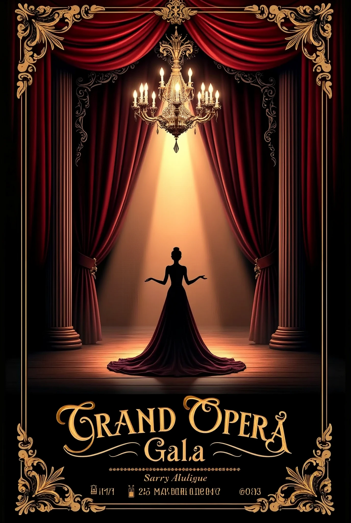 A striking and dramatic poster for the "Grand Opera Gala" in Martinborough. The design features a dark, moody background with a deep crimson and black color scheme, highlighted by golden accents. In the center, a grand chandelier casts a soft glow over a lavish opera stage, where a silhouetted figure in an elegant gown sings passionately. Ornate flourishes and musical notes frame the scene, with intricate typography detailing the event's name, date, and location. Baroque elegance, theatrical lighting, rich textures, grandeur --ar 16:9