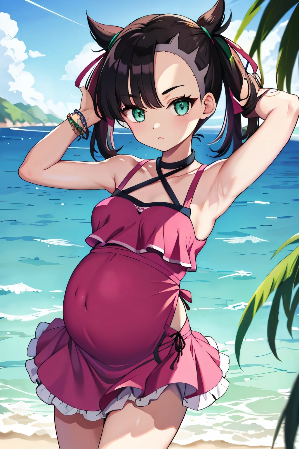 tmasterpiece， Best quality at best， high light， hmmarnie， Water-colored eyes， Green Ribbon， hair flower， 耳Nipple Ring， jewely， halter neck， bangle， nabel， Pink swimsuit， frilled bikini， aprons， cowboy lens， standing on your feet， sea beach，Armpit hairy, pregnant, pregnancy, pregnant belly. 