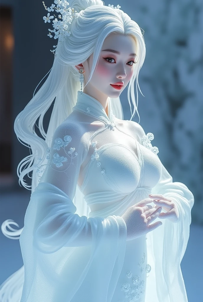 (ice - carving:1.4),Movie Angle,(Fan Bingbing, ice sculpture girl,Anatomically correct,full bodyesbian,Masterpiece ice sculpture camellia,Representative work Hanfu,Smile,sexy,full body arts,traditional arts,erotic arts,Queen arts,Amazing body arts,Amazing hear style,traditional japanese girls,japanese geisha, japanese artworks,Pari, jewelry arts)