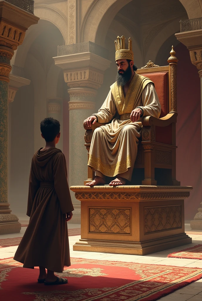 An arab boy arguing with muslim caliph sitting on pulpit in the mosque around 6th century 