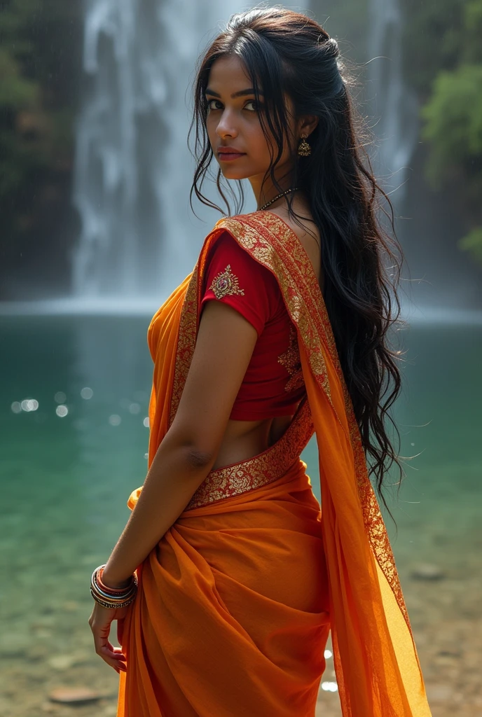 Can you show me a beautiful Indian girl with saree and blouse and the background of waterfall and make her blouse transparent and wet and make her boobs bigger