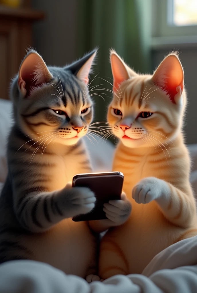 Male cat and female cat watching reels on phone and laughing realistic 