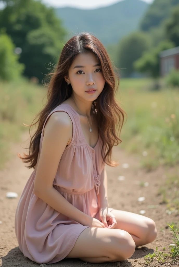 A beautiful korean girl,brown hair,short dress, laing on the ground outside on dirt, full body