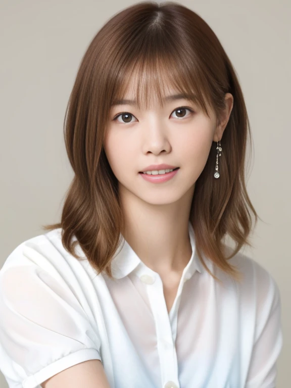 (Masterpiece, Best quality, 8K:1.3), (Ultra realistic, Photo-realistic:1.2), (From above:1.3), From side, (Crawling position:1.1), (Seductive pose:1.1), Natural light, 28 years old actress, Japanese women, Neat and clean, (White tennis uniform, White short-sleeve polo shirt:1.2), (unbutton:1.3), (White tennis mini skirt:1.2), White sock, (Beautiful thighs:1.1), (ponytail:1.2), (Short wavy hair:1.1), Light brown hair color, (Beautiful Face), Oval face, clear, Beautiful eyes, Kind eyes, Bedroom eyes, (Clear skin), Natural makeup, Small face, Small mouth, Beautiful mouth, Approachable, Luxury hotel Suite room, On bed, Seductive smile, Shy,