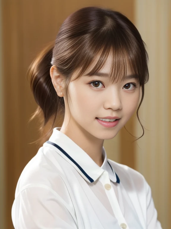 (Masterpiece, Best quality, 8K:1.3), (Ultra realistic, Photo-realistic:1.2), (From above:1.3), From side, (Crawling position:1.1), (Seductive pose:1.1), Natural light, 28 years old actress, Japanese women, Neat and clean, (White tennis uniform, White short-sleeve polo shirt:1.2), (unbutton:1.3), (White tennis mini skirt:1.2), White sock, (Beautiful thighs:1.1), (ponytail:1.2), (Short wavy hair:1.1), Light brown hair color, (Beautiful Face), Oval face, clear, Beautiful eyes, Kind eyes, Bedroom eyes, (Clear skin), Natural makeup, Small face, Small mouth, Beautiful mouth, Approachable, Luxury hotel Suite room, On bed, Seductive smile, Shy,