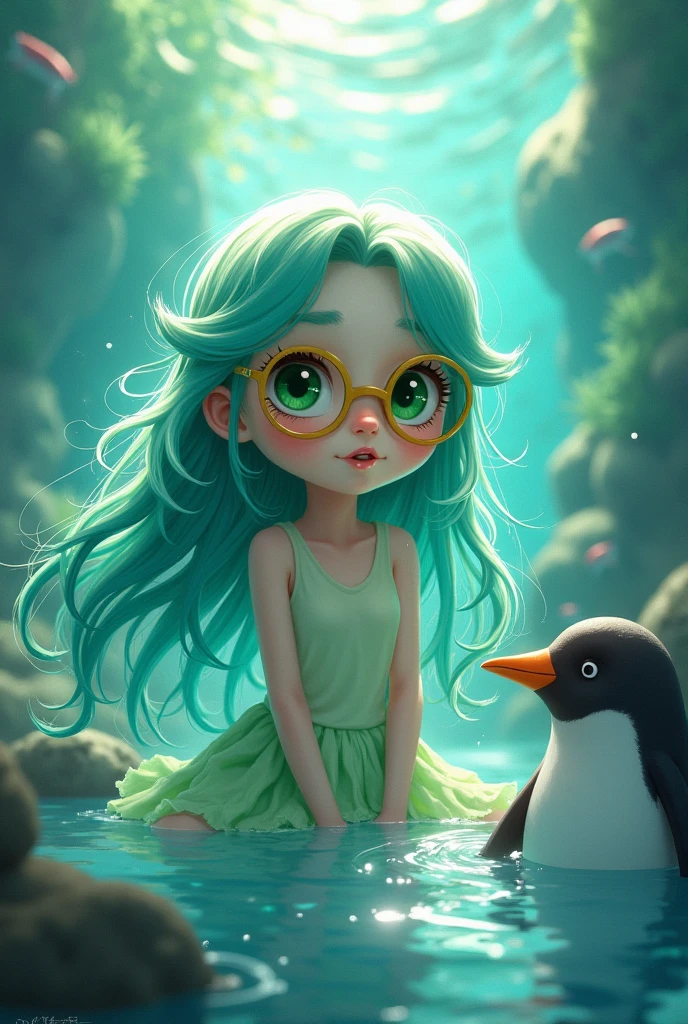 One girl, Shine, wallpaper, water色の髪, greenい髪, Long Hair, greenい瞳, Long Hair, penguin, green, Glasses, water族館, water, water色