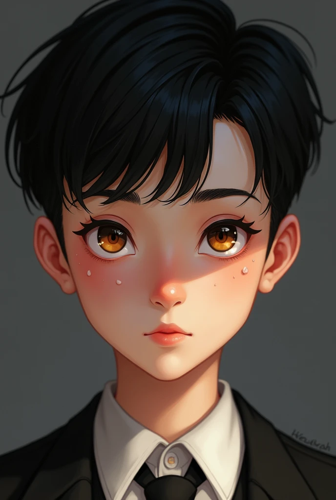 A who has sharp amber eyes and black hair upto his eyebrows ,pale skin and a perfect jawline
