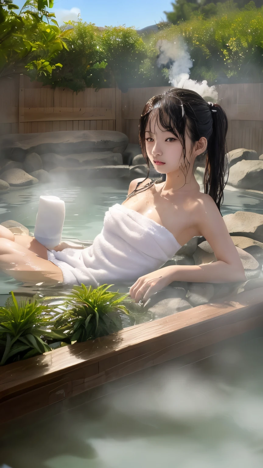 "A woman wearing a bikini in a bathtub covered in bubbles. She is relaxing in the warm water, surrounded by foam that gently envelops her. The scene is serene and peaceful, with the girl enjoying a moment of calm and tranquility.