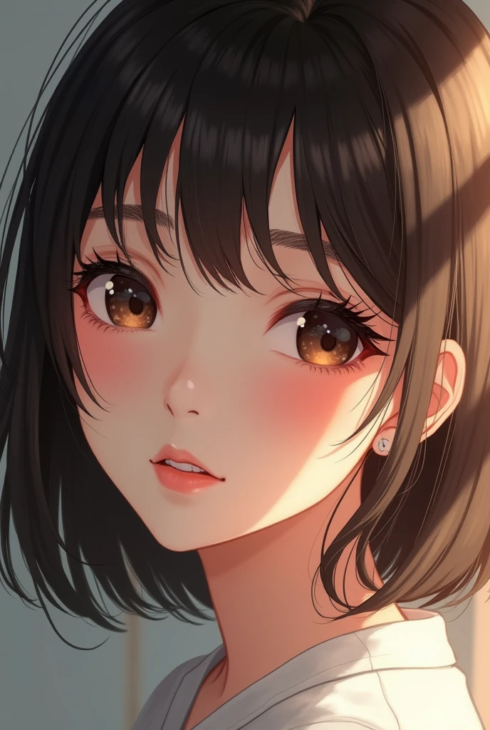 woman　Hair down to shoulders　Only the ends of the hair are curled　Hair color is olive brown　With bangs　Japanese　Baby Face
