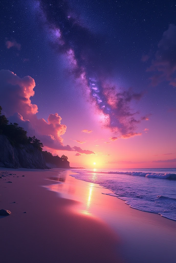 Beach with sunset and stars in purple and blue tones

