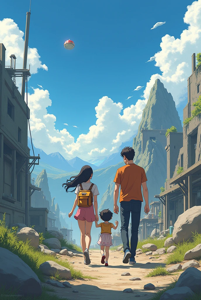 A mother, father and daughter struggle to survive in the apocalypse with a rescue system. It's a cute anime version.