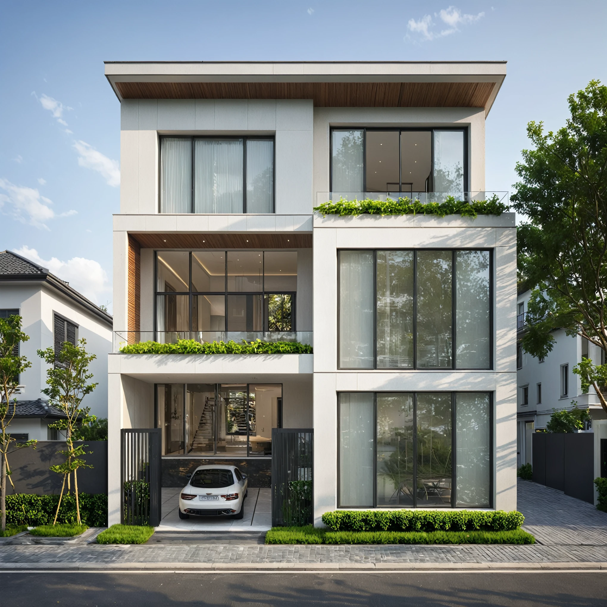 modern villa on street, (daylight), tropical tree, green shrub and plants, vivid color, streetcapes, minimalist design, brigth grey tone, large glass door, warm interior lighting, modern material, best quality, ultra realistic, masterpiece, 17ArchiAI_XL_VL-v1