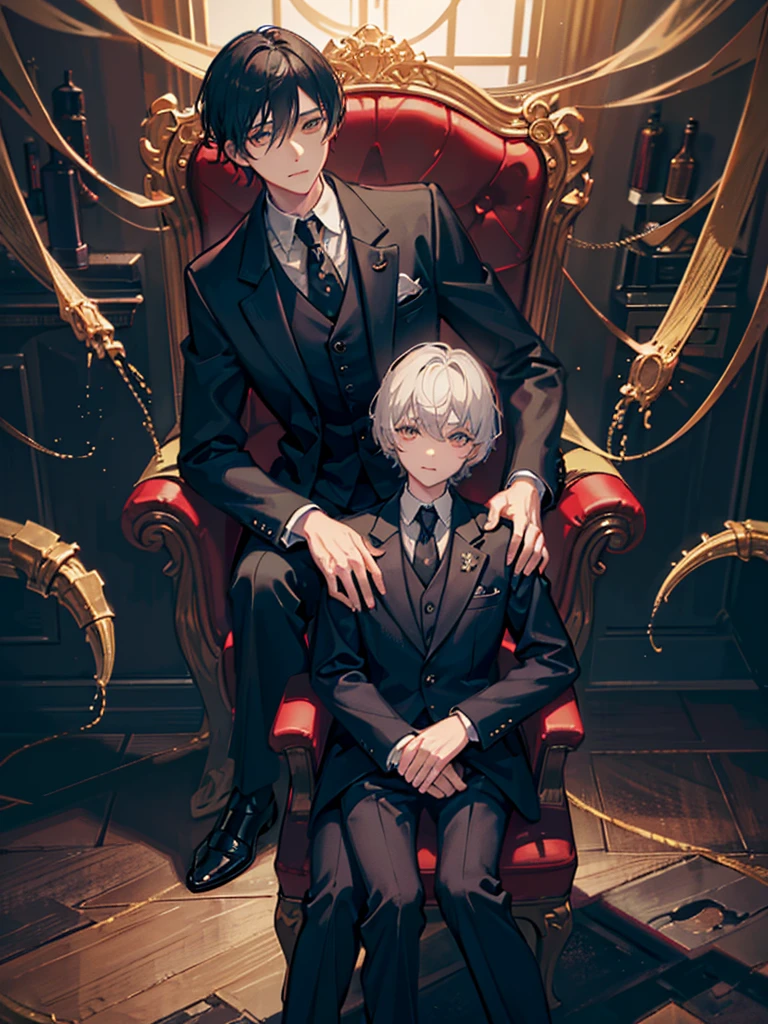 a young boy in a gentlemanly suit, sitting in a cool looking chair, gray foggy background, glowing golden eyes, boy, dark eldritch aura of tentacles behind him, cinematic lighting, highly detailed, hyper realistic, 8K, photorealistic, masterpiece