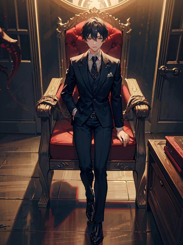 a young boy in a gentlemanly suit, sitting in a cool looking chair, gray foggy background, glowing golden eyes, 11 year old boy, dark eldritch aura of tentacles behind him, cinematic lighting, highly detailed, hyper realistic, 8K, photorealistic, masterpiece
