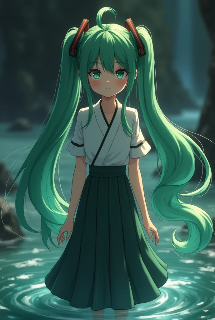 1 Girl, Solitary, Hair accessories, Green Hair, Double tail, Long hair, skirt, water,, Medium shot portrait (Faruzan) From genshin impact,, Dark fantasy background, A charming smile., Produced by Greg Rutkowski and Walt Disney,Ultra-realistic、Rich in details、Photorealism、Analog style、Focus clearly on the eyes, Movie Lighting,, , ,Ultra HD, HDR, 8K