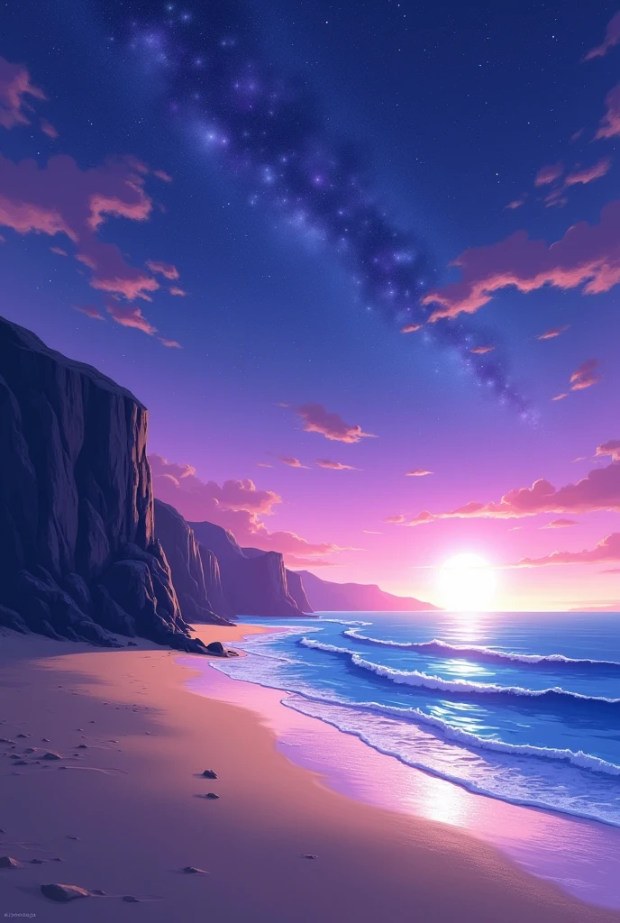 Beach with sunset and stars in purple and blue tones

