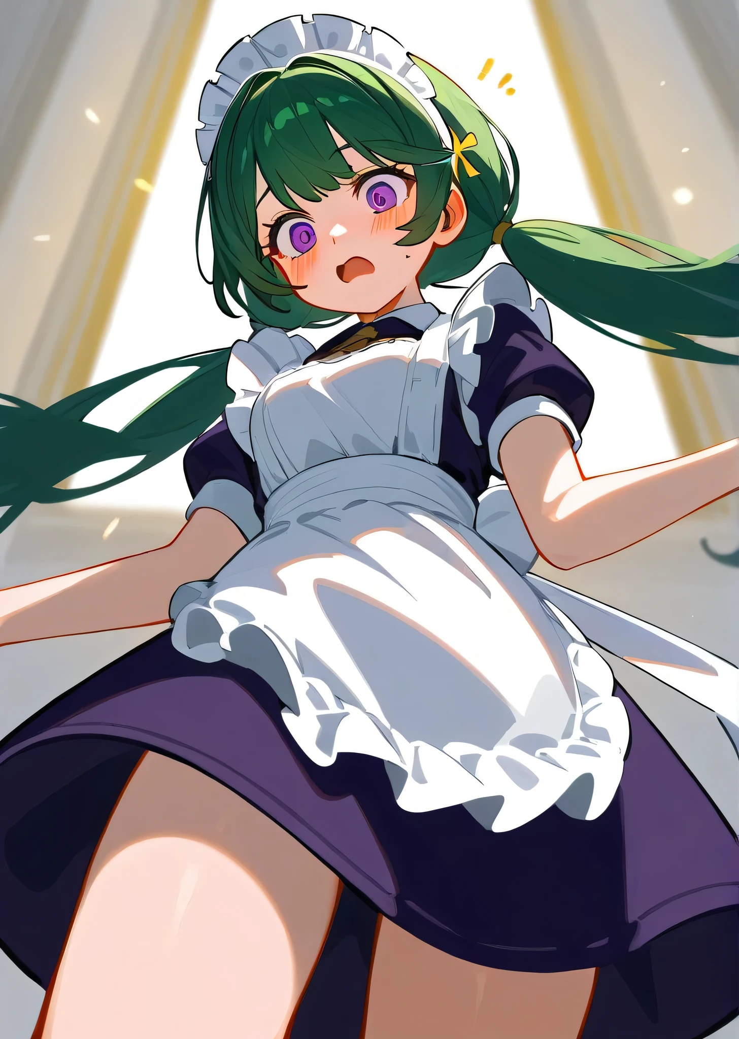 [corin wickes], ((masterpiece)), ((solo portrait)), ((waist up)), ((low angle view)), ((HD)), ((High res)), ((anime)), ((detailed shading)), ((cinematic lighting)), {(attractive figure), (cute purple eyes), (short eyelashes), (long green hair), (large pigtails), (defined legs), (blushing), (surprised), (nervous expression)}, {(black short sleeve maid dress), (maid hairband), (white apron)}, {(looking at viewer)}, [ambient lighting, living room, mansion, lamp light]