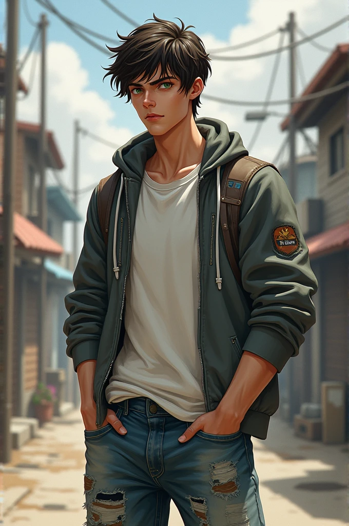 Character Description for Artwork:Age and Build: Riku is around 18-19 years old, with a lean but muscular build. He stands at 5'11" and has a body that shows the strength and endurance of someone who has done a lot of manual labor.Facial Features: His face is handsome and angular, with high cheekbones, a strong jawline, and intense green eyes. His expression is often serious, with a subtle look of determination and thoughtfulness.Hair: His dark brown hair is tousled and slightly unruly, falling into his face. It’s cut short but with enough length on top to appear messy, yet stylish.Clothing: Riku wears a simple white shirt, slightly fitted to his body, underneath a tattered gray hoodie. The hoodie is well-worn, with small rips and patches where it has been repaired over time. He also wears faded jeans that are similarly patched up. His clothes are functional, not flashy, showing his humble background.Pose: He could be standing with his hands in his pockets, looking off to the side with a determined expression. Alternatively, you could depict him in a more dynamic pose, perhaps mid-action in a fight, showcasing his strength and agility.Background: The background could reflect the rough environment he comes from, like a gritty, run-down urban setting, or perhaps a quiet moment with his family, highlighting the contrast between his tough exterior and his softer side.