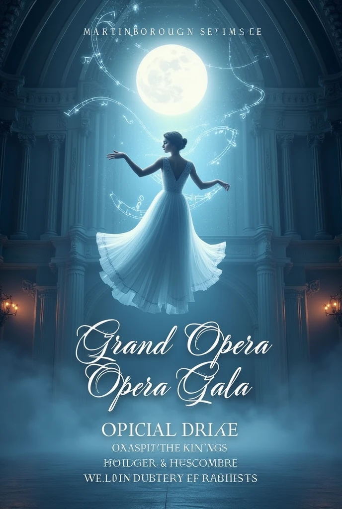 An ethereal and enchanting poster for the "Grand Opera Gala" in Martinborough. The design showcases a misty, moonlit opera house with soft blues and silvers. A translucent, ghostly figure of an opera singer in a flowing gown appears to float above the stage, surrounded by swirling music notes and delicate, glowing lights. The event details are written in an elegant, flowing script that complements the dreamy atmosphere. Whimsical, surreal, mystical, otherworldly, soft glow