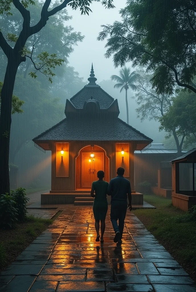 While walking, they come across a small temple Mumbai. She suggests they visit, and though he’s not particularly religious, he agrees. Inside, the peaceful atmosphere brings a moment of introspection. They both offer silent prayers, and when they step outside, they share a quiet understanding, feeling a deeper connection. Cloudy skies and drizzling.