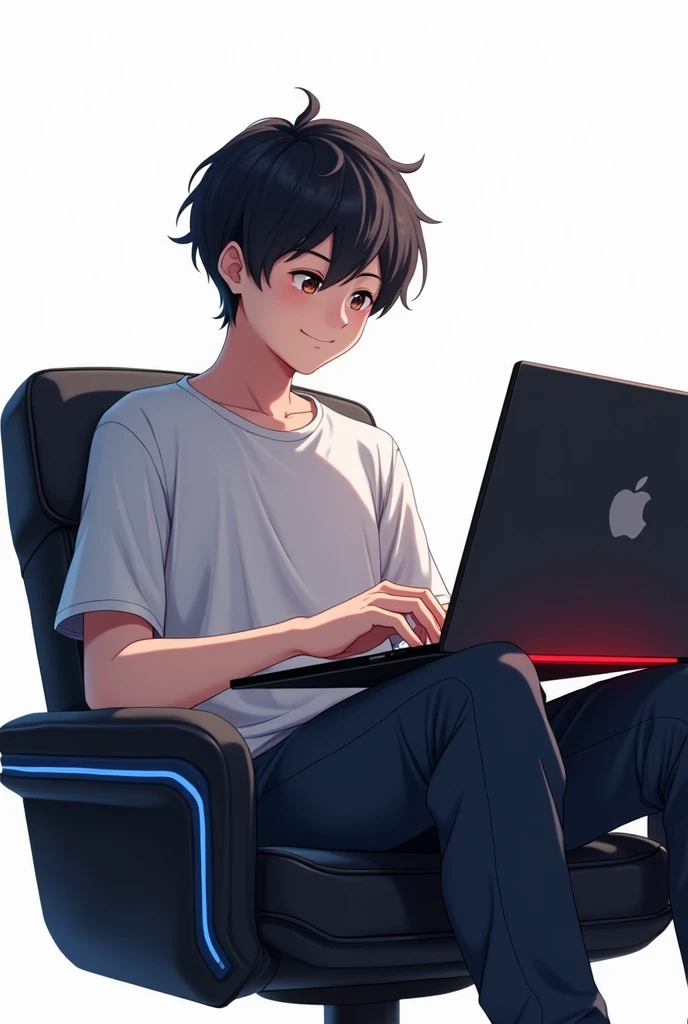 a realistic anime-style image of a -yeld boorking on a blackish Apple laptop with a glowing red keyboard. He’s wearing a dark blue shirt, black pants, and sitting in a stylish black chair with blue borders. The boy is shown from the right side with short, stylish hair, white skin, and blackish eyes. He has a noticeably fat build, looks happy with a closed mouth, and the background is white.