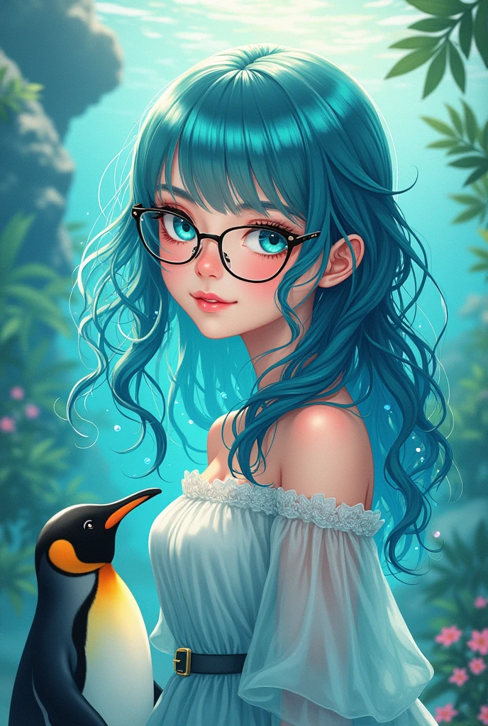 One girl, Shine, wallpaper, water色の髪, greenい髪, Long Hair, greenい瞳, Long Hair, penguin, green, Glasses, water族館, water, water色, woman