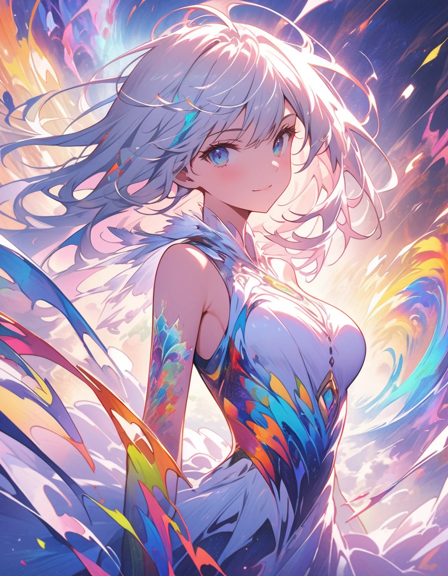 (masterpiece、Highest quality、Highest quality、Official Art、Beautiful and aesthetic:1.2)、(One Girl:1.3)、Silver-haired、Goddess Tribe Warrior、White Armor、Goddess Feathers、Straight Hair、Align your bangs、Very detailed、(Fractal Art:1.5)、(colorful:1.2)、Highest detail、(Tangled:1.2)、(Dynamic Pose、sideline)、(Abstract background:1.5)、(Glowing Skin)、(Light Background:1.2)